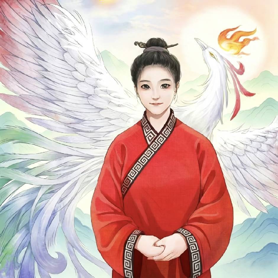 Illustrated portrait of Zongyuan in vermilion hanfu with a white phoenix